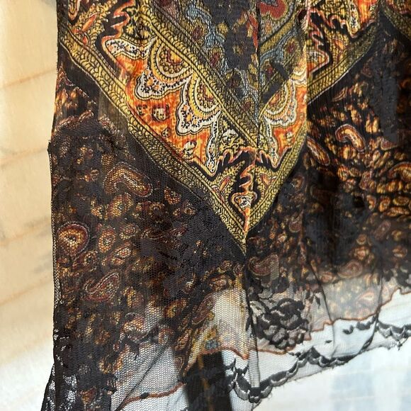 Wd•Ny 100% Silk Black Multicolor Paisley Patchwork Lace Hem Boho Maxi Skirt 12 - Picture 7 of 14
